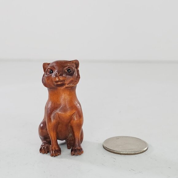 Netsuke Cat Sitting Figurine Japanese Carved Boxwood - Picture 2 of 8